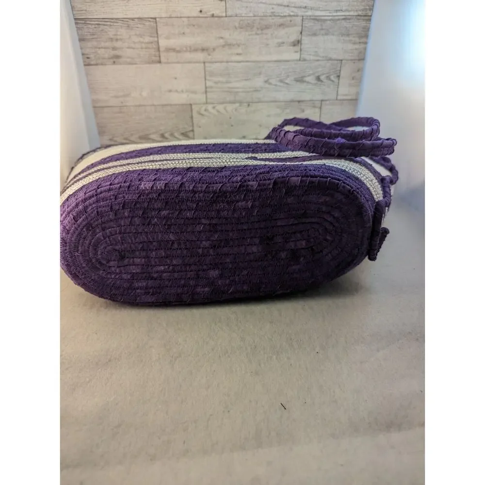 Tote Basket Bag Handmade Purple +White Cord+Fabric Wrapped Cord 18x8x4